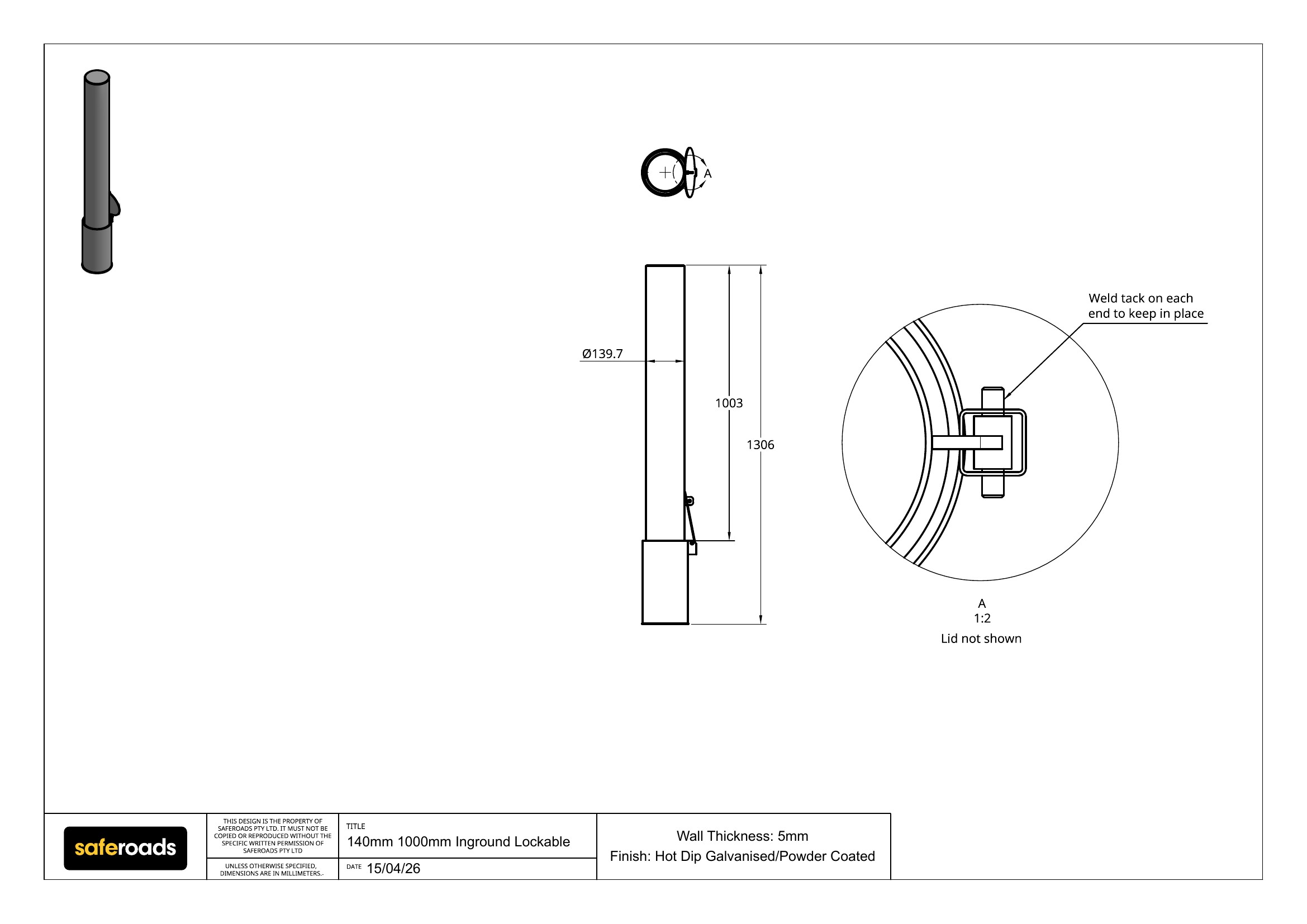140mm 1000mm Inground Lockable Bollard technical drawing