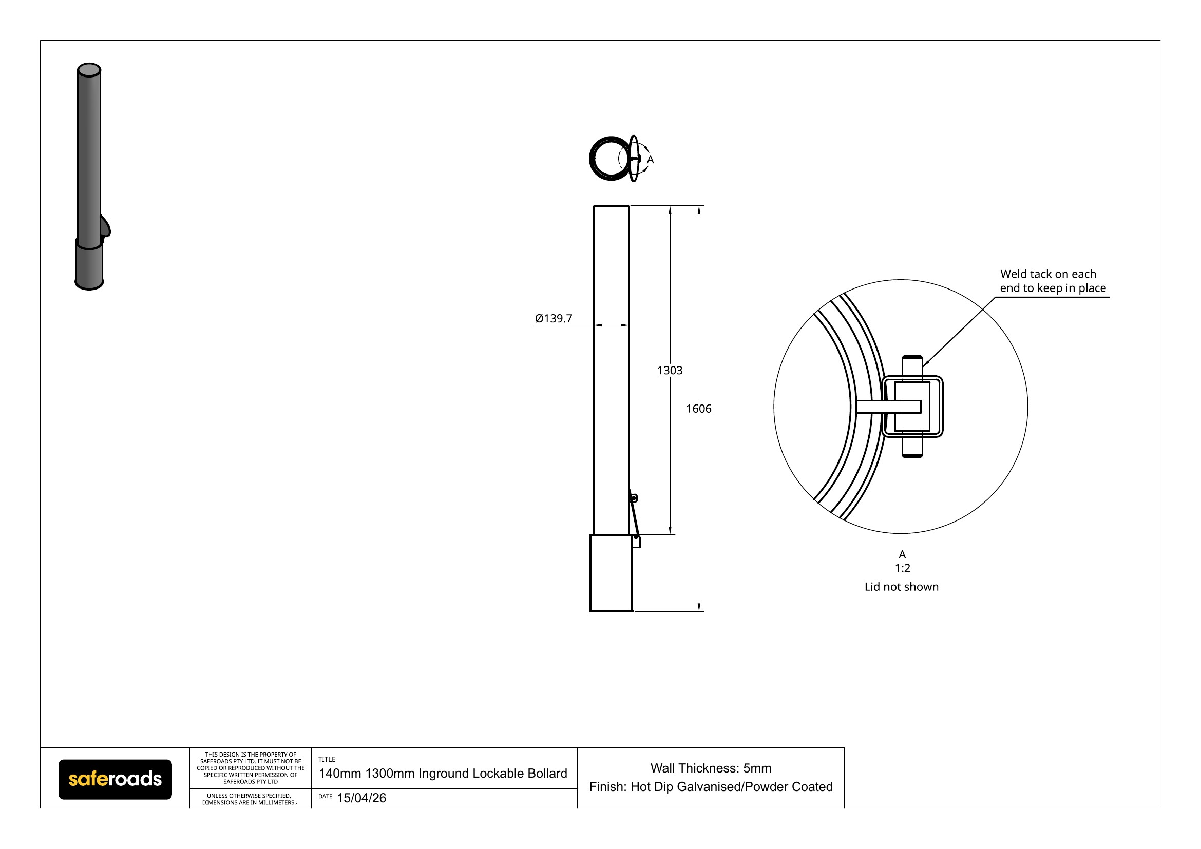 140mm 1300mm Inground Lockable Bollard technical drawing