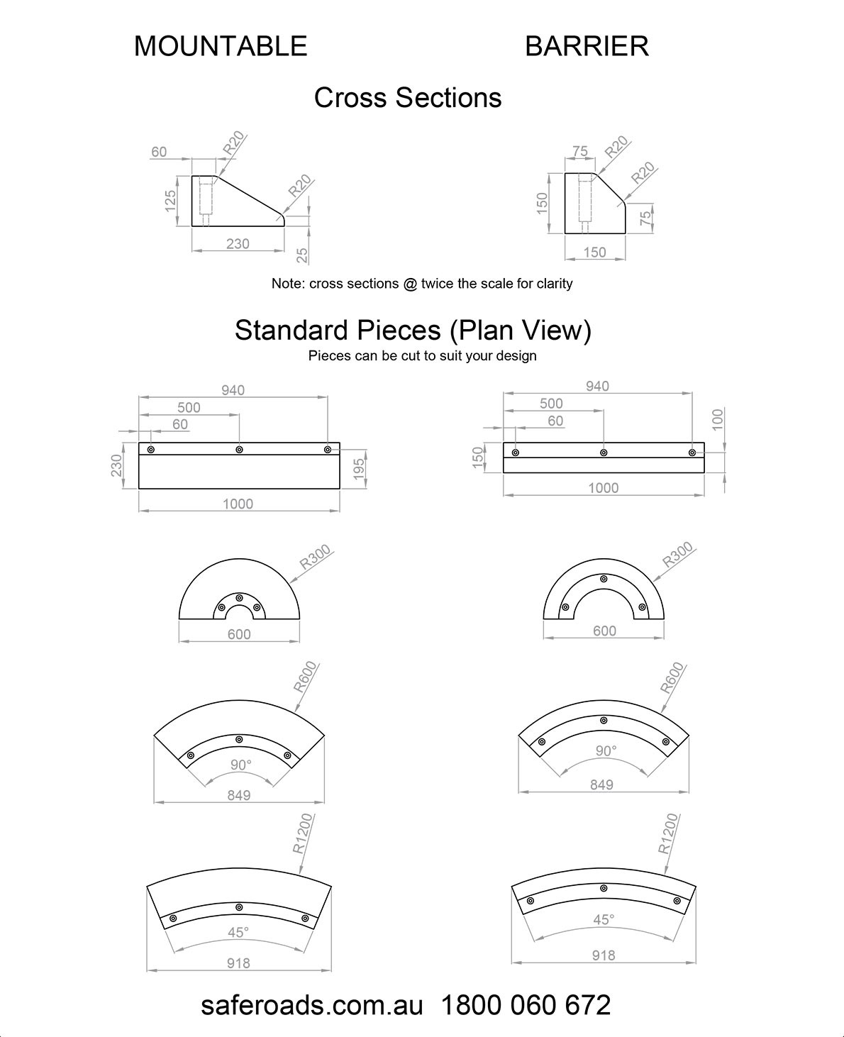 Rubber Kerbing Standard Pieces Plan View