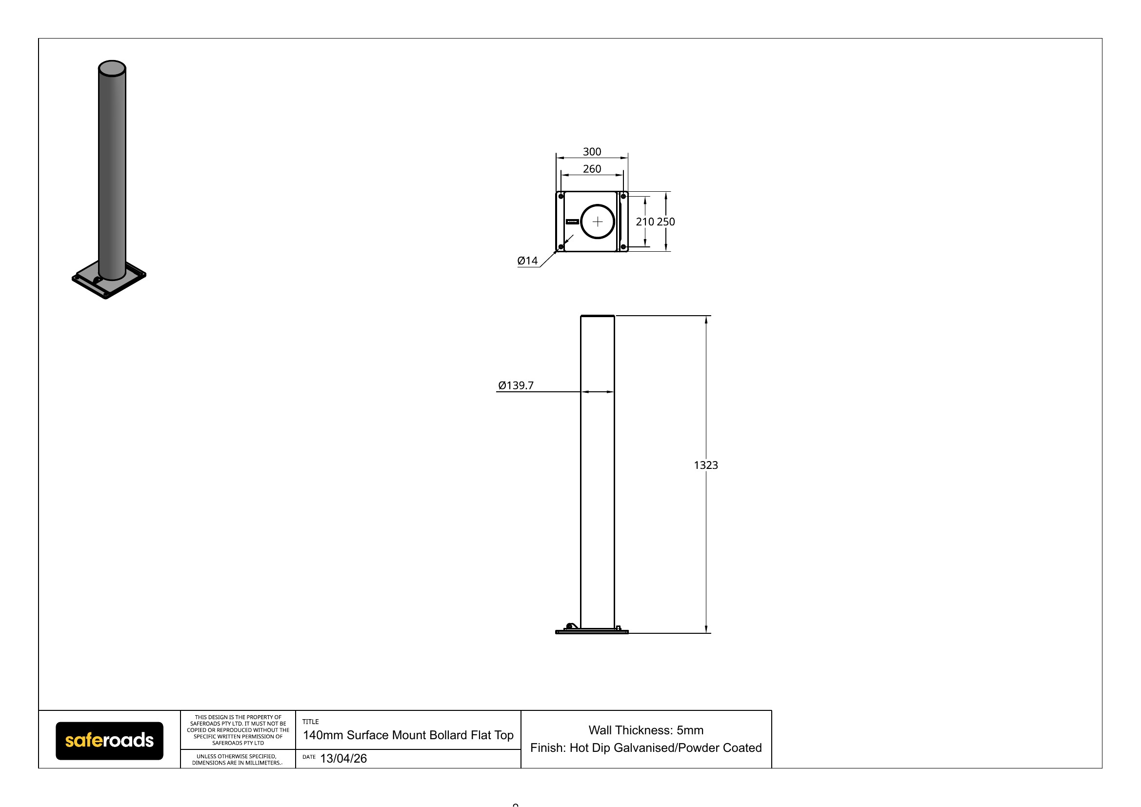 140mm Surface Mount Bollard technical drawing