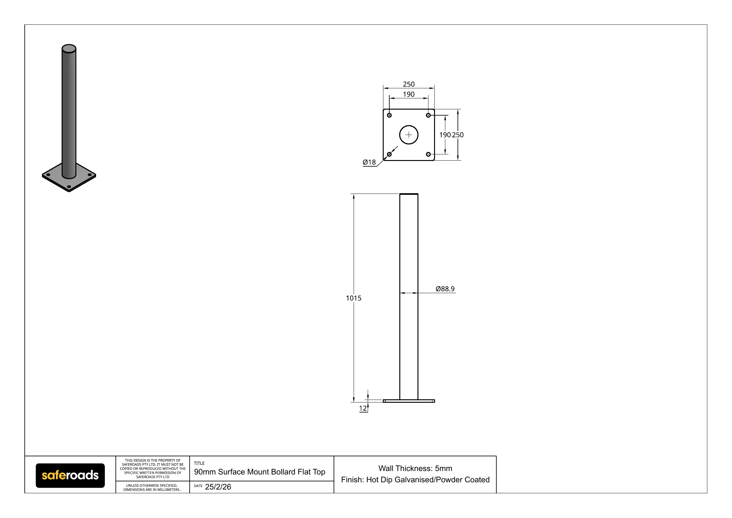 90mm Surface Mount Bollard technical drawing